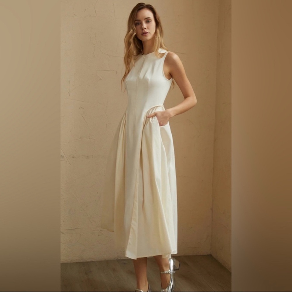 Commense Cream Sleeveless Midi Dress with Pleated Skirt